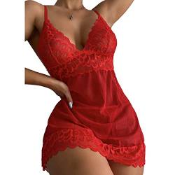 BKEPDY Damen Negligee Sexy Nachthemd Nachtwäsche V Ausschnitt Babydoll Spitze Dessous Sexy Lingerie Spaghetti Träger Kleid mit Tanga Sleepwear (Rot XXL) von BKEPDY