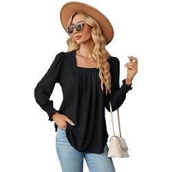 BKEPDY Damen Tshirt Langarm Bluse Lässige Tunika Rüschen Top mit Gesmokten Bündchen Quadratischer Hals Casual Sommer Solide Hohle Lose Tops Tuniken für Damen von BKEPDY