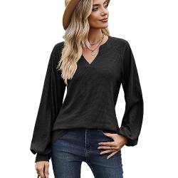 BKEPDY Damen Tshirt Langarm V Ausschnitt Oberteil Casual Waffel-Blasenhülsen Longshirt Basic Shirt Elegant Bluse Tops(XL) von BKEPDY