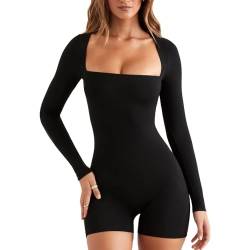 BKEPDY Jumpsuit Damen Lange Ärmel Sexy One Piece Bodysuit Bodycon Top Yoga Bodysuit Trainingsanzug Einteiler Overall Kuschelig Elegant Bodycon Gym Wear One Piece Body (Schwarz L) von BKEPDY