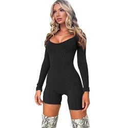 BKEPDY Jumpsuit Langarm Kurz Damen U-Ausschnitt Playsuits Lang Eng Sport Yoga Bodysuit Bodycon Strampler Sportkleidung Hosenanzug Trainingsanzug Stretch Overall Schwarz von BKEPDY