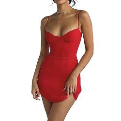 BKEPDY Kurz Sommerkleid Damen Sexy Spaghettiträger Kleid Damen Rückenfrei Bodycon Kleid Ärmelloses Kleid Partykleid Kleider Faszinierend Kleid (Rot L) von BKEPDY