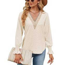 BKEPDY Langarmshirt Damen Bluse Elegant Longshirt V-Ausschnitt Tunika Lässige Oberteile Long Pullover Puffärmel Spitzen Blusenshirt Tops von BKEPDY