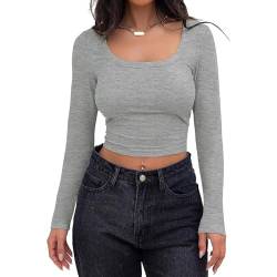 BKEPDY Langarmshirt Damen Slim Fit Oberteile Langärmliges Crop Top Für Damen Langen Ärmeln Hauteng Tops Basic Elegantes Bluse Longsleeve Damen Tshirt(Grau M) von BKEPDY