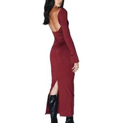 BKEPDY Missufe Damen Langarm Freizeitkleid Bodycon Enges Bleistiftkleid Figurbetontes Knielanges T Shirt Kleider Split Lange Maxikleid (Rot XL) von BKEPDY