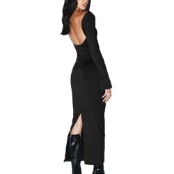 BKEPDY Missufe Damen Langarm Freizeitkleid Bodycon Enges Bleistiftkleid Figurbetontes Knielanges T Shirt Kleider Split Lange Maxikleid (Schwarz L) von BKEPDY