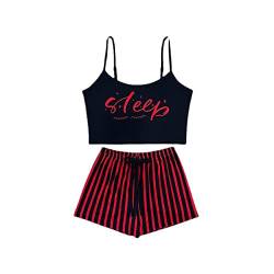 BKEPDY Schlafanzug Damen Pyjama Set Spaghettiträger Top Short Sets Süßer Pyjama Sommer Schlafanzüge Schlafi Rundhals Elastischer Bund Sleepwear Briefdruck Hausanzug Loungewear (Schwarz + Rot L) von BKEPDY