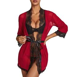 BKEPDY Sexy Bademäntel für Damen Spitzen Robe Nachthemd Damen Nachtkleid Kurz 3/4 Ärmeln Sleeepshirt Masche Sleepwear Kurz Nachtwäsche Pyjama Frauen mit Gürtel (Wine Red M) von BKEPDY