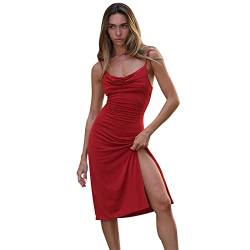 BKEPDY Sexy Kleid Damen Rückenfrei Midikleid Spaghettiträger Partykleid Bodycon Kleider mit Schlitz Elegant Casual Dress Sommer Maxikleid (Rot S) von BKEPDY