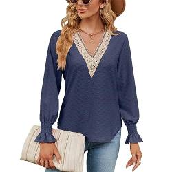 BKEPDYLangarmshirt Damen Bluse Elegant Longshirt V-Ausschnitt Tunika Lässige Oberteile Long Pullover Puffärmel Spitzen Blusenshirt Tops von BKEPDY