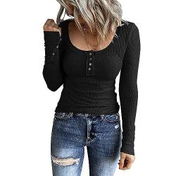 Damen Langarmshirt Geripptes Basic Oberteile Rundhals Ausschnitt Slim Fit Langarm Pullover Casual Einfarbig Shirts Bluse Longshirt Tee Tops mit Knöpfen von BKEPDY