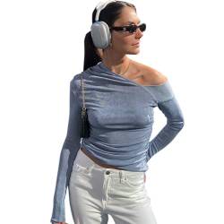 Damen Langarmshirt Schulterfrei Y2K Sexy Langarm T-Shirt Basic Casual Slim Fit Crop Top Einfarbig Bluse Oberteile Basic Casual Pullover Tunika Tee Tops von BKEPDY