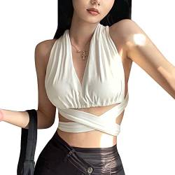 Damen Neckholder Criss Cross Wrap Tank Tops Backless Crop Top Rückenfreies Tops Ärmellose Corset Top Sommer Oberteile Sexy Weste Basic T-Shirt Slim Fit Cut Out Shirts Schwarz von BKEPDY