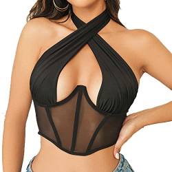 Damen Sexy Criss Cross Crop Tops Y2k Neckholder Wrap Weste Tank Top Cut Out Ärmellos Oberteile Sommer Rückenfreies Corset Top Einfarbig Casual Vest Top Blusentop von BKEPDY