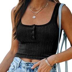 Damen Sexy Tank Tops Ärmellose Geripptes Crop Tops mit eckigem Ausschnitt Bauchfreies Basic Shirts Sommer Top Einfarbig Strickoberteil mit Knöpfen von BKEPDY