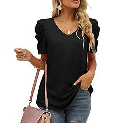 Damen T-Shirt Sommer Kurzarm Tshirt mit V-Ausschnitte Blase Ärmel Oberteile Tee Shirts Einfarbige Einfaches Tunika Tops Casual Beiläufig Bluse Lose Basic Tops von BKEPDY