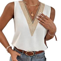 Damen Tank Top V-Ausschnitt Satin Cami Ärmellose Blusen Sommer Weste Shirt Tops Bluse Spitzentop Top mit Spitze Oberteile Casual Camisole Einfarbig von BKEPDY