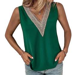 Damen Tank Top V-Ausschnitt Satin Cami Ärmellose Blusen Sommer Weste Shirt Tops Bluse Spitzentop Top mit Spitze Oberteile Casual Camisole Einfarbig von BKEPDY