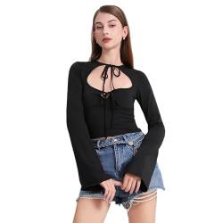 Damen Y2K Top Sexy Cut Out Langarm Crop Top Elegant T-Shirt Langarmshirt Slim Fit Einfarbig Bluse Oberteile Cropped Top Tee Shirts Streetwear von BKEPDY