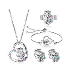 Einhorn Kristall Schmuckset Mädchen 4 Stück Einhörner Halskette Armband Ring Ohrringe Kinder Set Süße Ankleiden Geburtstag Geschenk für Mädchen von BKEPDY