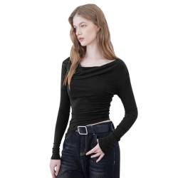 Langarmshirt Damen Schulterfrei Langarm T-Shirt Rundhals Y2K Einfarbig Bluse Oberteile Slim Fit Basic Casual Sexy Crop Top Pullover Tunika Tee Tops von BKEPDY