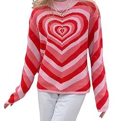 BKPAPTXY Damen Y2K Preppy Knit Sweater Pullover Langarm V-Ausschnitt 90er Jahre E-Girls Retro Herbst Winter Sweater Streetwear, red heart, L von BKPAPTXY