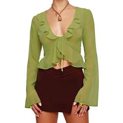 BKPAPTXY y2k Damen Langarm Spitze Crop Tops 90er Jahre Fairycore Sheer Mesh Bluse Shirt Frühling Sommer Cover Ups, Je Green, Small von BKPAPTXY