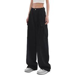 BKSCAYXS Cargo Hose Damen Straight Cargohose Baggy High Waist Y2K Hosen Elastische Bund Freizeithose Sweathose Streetwear Schlaghose mit Multi Taschen Stretch Wanderhose Sport Jogginghose von BKSCAYXS