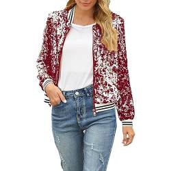 BKSCAYXS Damen Glitzer Pailletten Bomberjacke Dünne Rib Rop Langarm Reißverschluss Fliegenjacke Bikerjacke Jacke Perlen Streifen Casual Fashion Party Club Metallic Sequin Mantel mit Taschen (a-Red, L) von BKSCAYXS