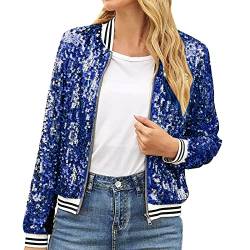 BKSCAYXS Damen Glitzer Pailletten Bomberjacke Dünne Rib Rop Langarm Reißverschluss Fliegenjacke Bikerjacke Jacke Perlen Streifen Casual Fashion Party Club Metallic Sequin Mantel mit Taschen von BKSCAYXS