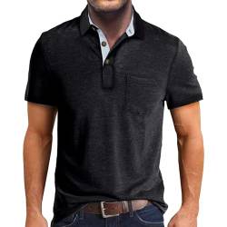 Männliches Sommer- Frühlings-Volltonfarben-Kurzarm-Knopfhals-gestreiftes, übergroßes T-Shirt-Oberteil Polohemden Herren (Black, XXL) von BKSCAYXS