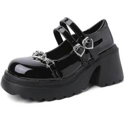 Klassische Ferse Lolita Schuhe für Frauen Punk Plattform Pumps Japanische Damen Lackleder Mary Jane Schuhe Schwarz Goth Schuhe, Schwarz Frauen Schuhe, 38 EU von BKYWJTR6