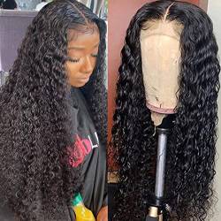 BLACKMOON HAIR 4x4 Frontal Lace Wig Human Hair Lace Front Wig-Glueless 150% Density Water Wave Lace Front Wig Brazilian Virgin Water Wave Hair Wigs 66 cm for Women Natural Color Hair Pre Plucked von BLACKMOON HAIR