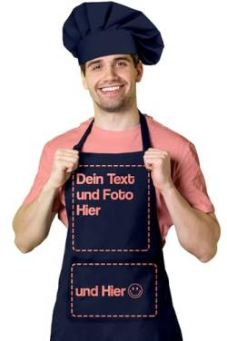 BLAK TEE — Schürze Personalisiert mit Ihrem Foto und Text Wunschmotiv — Kochschürze Selbst Gestalten — Personalisierte Geschenke für Männer und Damen — Verstellbarer Kragen und Vordertasche — Blau von BLAK TEE