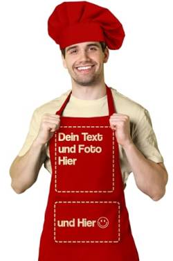 BLAK TEE — Schürze Personalisiert mit Ihrem Foto und Text Wunschmotiv — Kochschürze Selbst Gestalten — Personalisierte Geschenke für Männer und Damen — Verstellbarer Kragen und Vordertasche — Rot von BLAK TEE