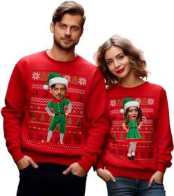 BLAK TEE Unisex Personalisierte Elfen Weihnachtspullover mit Deinem Bild — Ugly Christmas Sweater — Weihnachtspulli Damen und Weihnachtspullover Herren Rot L von BLAK TEE