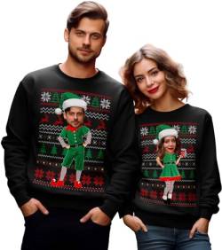 BLAK TEE Unisex Personalisierte Elfen Weihnachtspullover mit Deinem Bild — Ugly Christmas Sweater — Weihnachtspulli Damen und Weihnachtspullover Herren Schwarz L von BLAK TEE