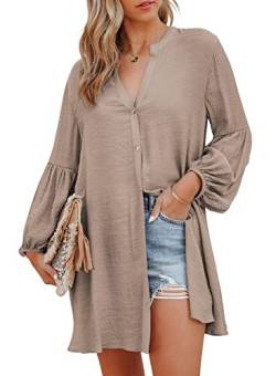 BLENCOT Blusenkleid Damen Bikini Cover up Damen-Blusenkleid mit V-Ausschnitt und Langarm Hemd Damen Oberteile Damen Sommer Langarm Button Down Shirts Kleider, Khaki, M von BLENCOT