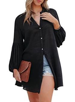 BLENCOT Blusenkleid Damen Bikini Cover up Damen-Blusenkleid mit V-Ausschnitt und Langarm Hemd Damen Oberteile Damen Sommer Langarm Button Down Shirts Kleider, Schwarz, L von BLENCOT