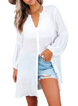 BLENCOT Blusenkleid Damen Bikini Cover up Damen-Blusenkleid mit V-Ausschnitt und Langarm Hemd Damen Oberteile Damen Sommer Langarm Button Down Shirts Kleider, Weiß, S von BLENCOT