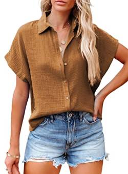 BLENCOT Damen Bluse Kurzarm Casual Sommer Shirts Oberteile Baumwolle Button Down Bluse Tops von BLENCOT