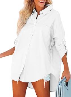 BLENCOT Damen Bluse Langarm Basic Hemd Bluse Casual Button Shirt Einfarbig Oversize Tunika Blusen Top von BLENCOT