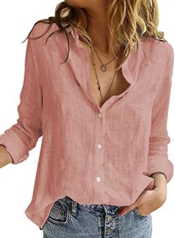 BLENCOT Damen Bluse Langarm Hemden Casual V-Ausschnitt Roll Up Ärmel Button Down Blusen Tops,XL,Pink von BLENCOT