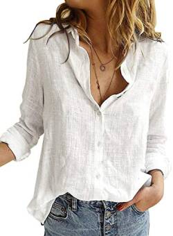 BLENCOT Damen Bluse Langarm Hemden Casual V-Ausschnitt Roll Up Ärmel Button Down Blusen Tops,XL,Weiß von BLENCOT