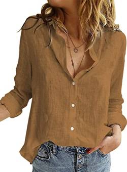 BLENCOT Damen Bluse Langarm Hemden Casual V-Ausschnitt Roll Up Ärmel Button Down Blusen Tops,XXL,Braun von BLENCOT