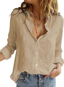 BLENCOT Damen Bluse Langarm Hemden Casual V-Ausschnitt Roll Up Ärmel Button Down Blusen Tops,XXL,Khaki-2 von BLENCOT