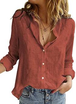 BLENCOT Damen Bluse Langarm Hemden Casual V-Ausschnitt Roll Up Ärmel Button Down Blusen Tops,XXL,Orange-2 von BLENCOT