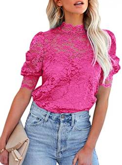 BLENCOT Damen Bluse Spitze mit Cami Tops Puff Kurzarm Stehkragen Elegant Hemden,Rose,XL von BLENCOT
