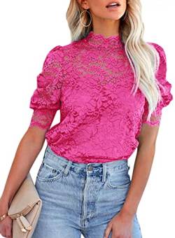 BLENCOT Damen Bluse Spitze mit Cami Tops Puff Kurzarm Stehkragen Elegant Hemden,Rose,XXL von BLENCOT