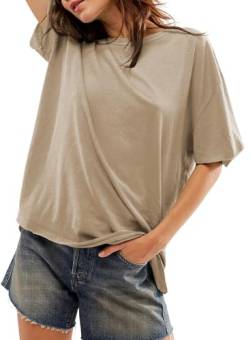 BLENCOT Damen Oberteile Damen Sommer Tops 2024 Rundhalsausschnitt Kurzarm Übergröße T Shirt Sport Tshirt Solide Farbe T Shirt ，Khaki，L von BLENCOT